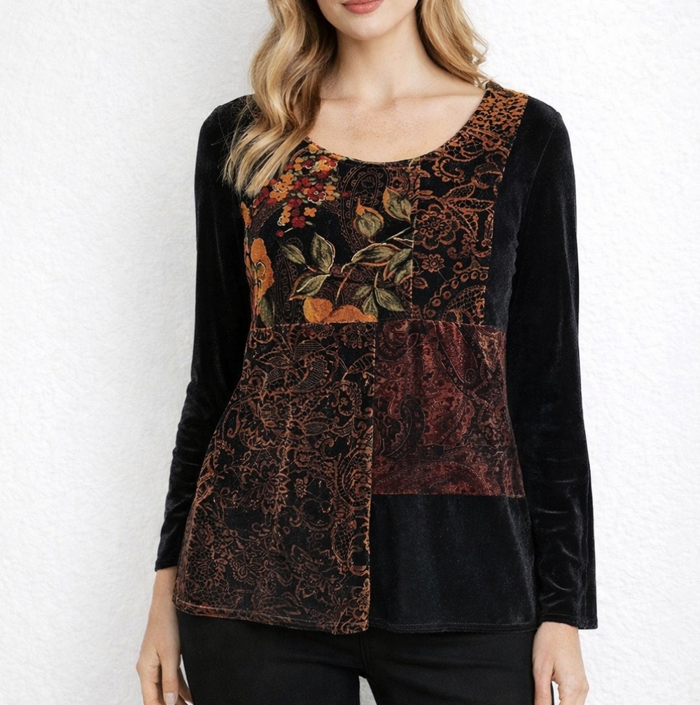 Black Velvet Tunic Top Faux  Patchwork Front Brown Gold Accents Sag Harbor Sz PS